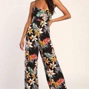 Lulu's Barbados Bound Black Tropical Print Tie-Back Jumpsuit